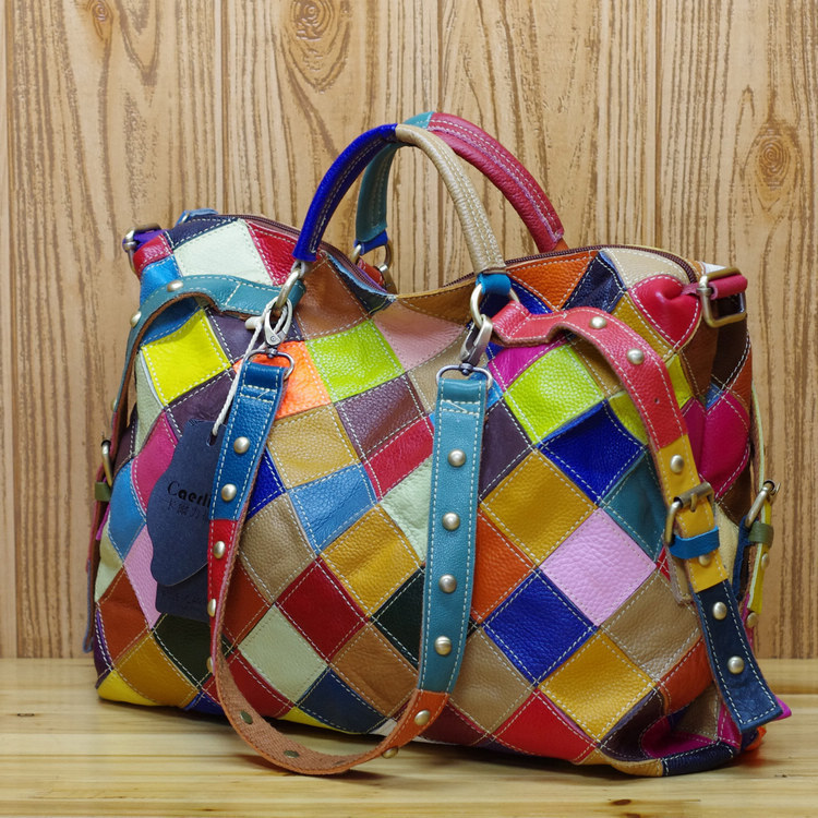 Genuine Leather Women's High Quality Casual Design Colorful Handbag Shoulder Ladies Color Block Tote Bag BagVoyage