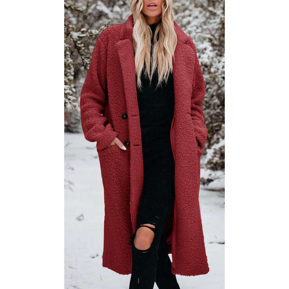 Autumn and winter warm long sleeved lapel plush top women's coat women