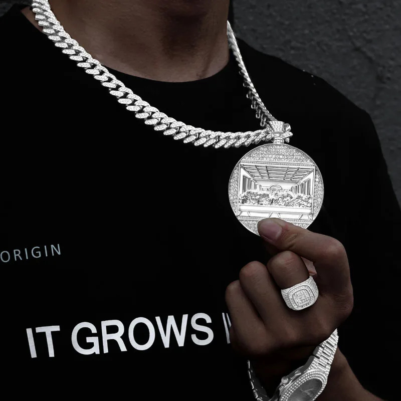Hip Hop Last Supper Pendant Necklace Iced out Jesus Religious Pendant Cuban Chain Rapper Jewelry for Men and Women Gifts 240323