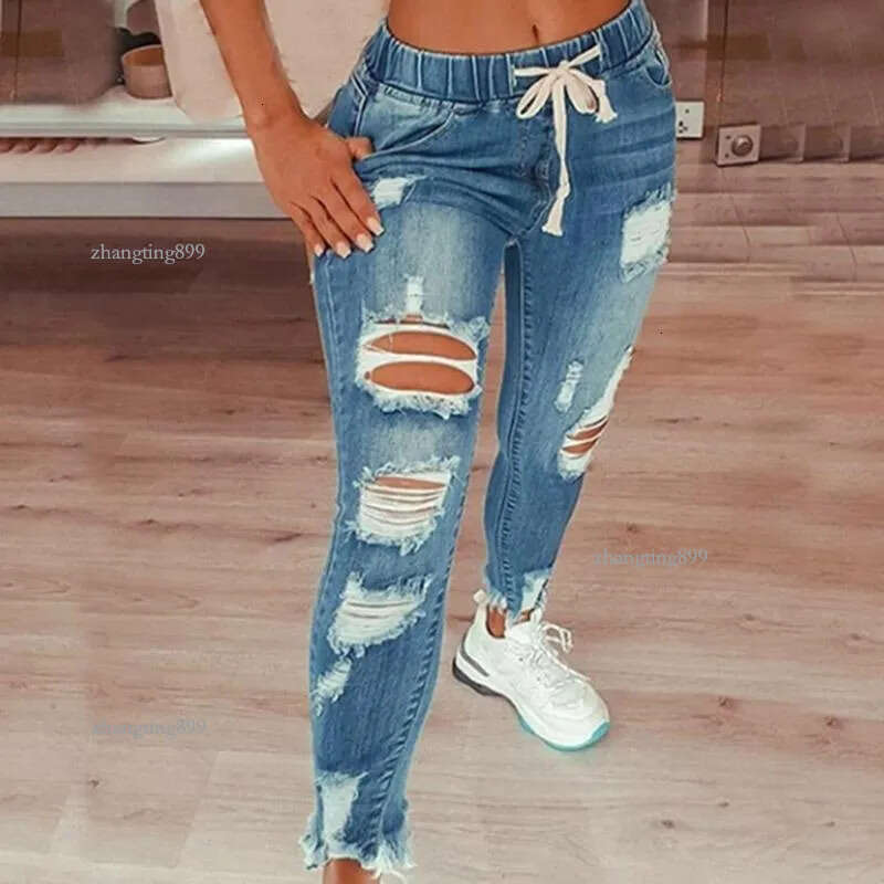 Women's Jeans 2021 Elastic Waist Drawstring Denim For Women Sexy Ripped Hole Stretch Jean Ladies Plus Size Pencil Bandage Long Pants