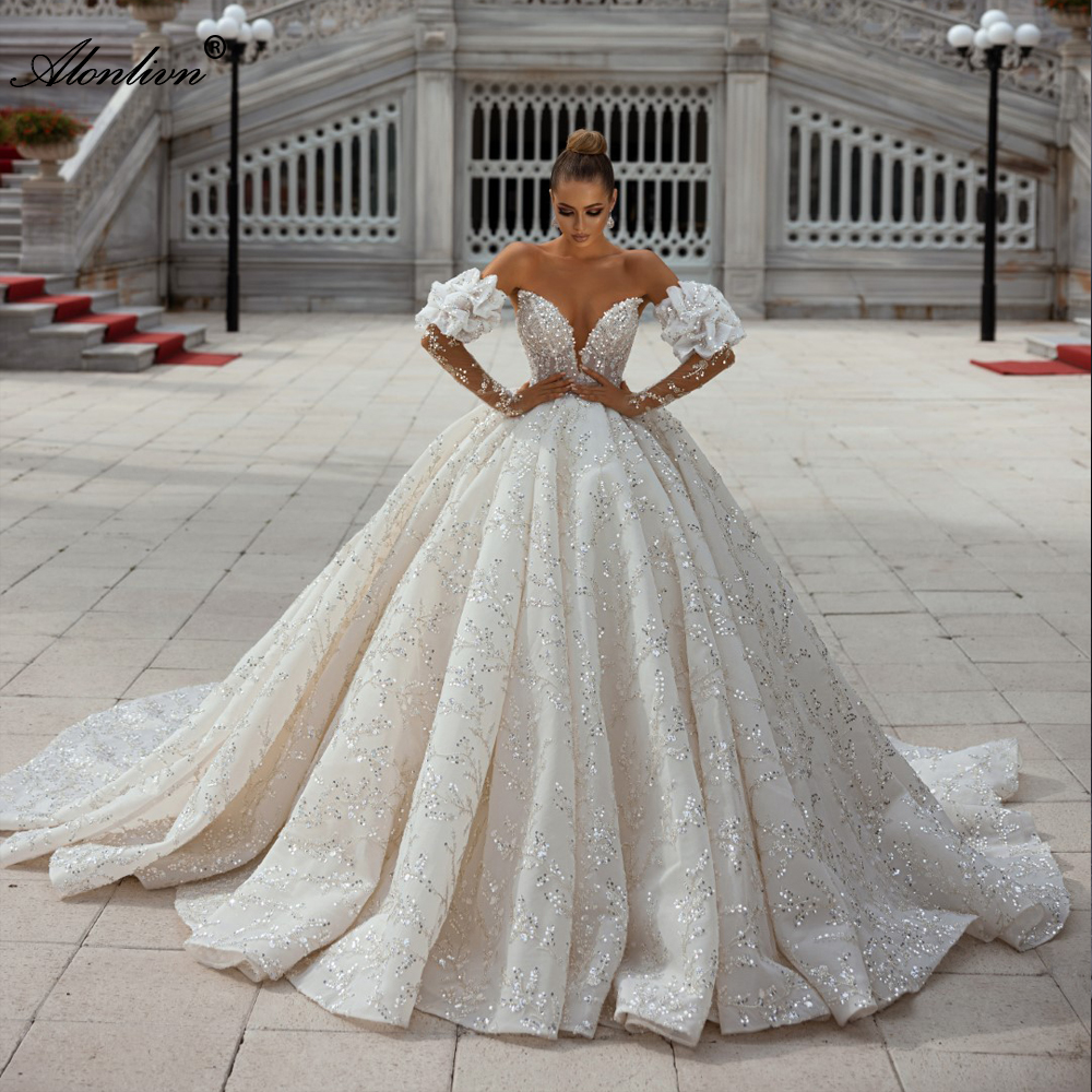 Stunning Beading sequined Pearls Sweetheart Ball Gown Wedding Dress Delicate Appliques Lace Off Shoulder Puff Sleeves Bridal Gowns 2024