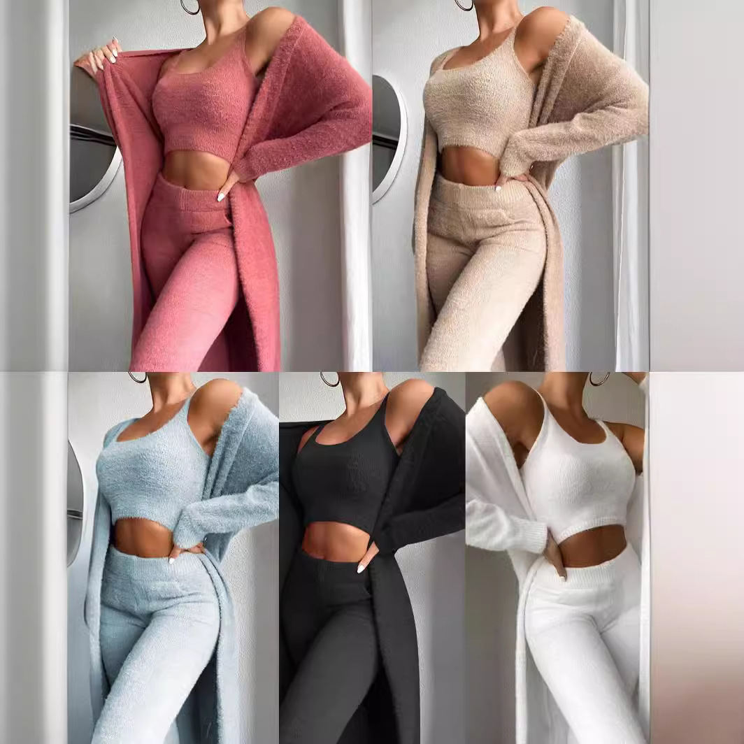 Autumn Winter Plush Vest Three-piece Sexy V-neck Plush Short Vest Trousers Suit Temperament Commuter Women's Three-piece Set R241119