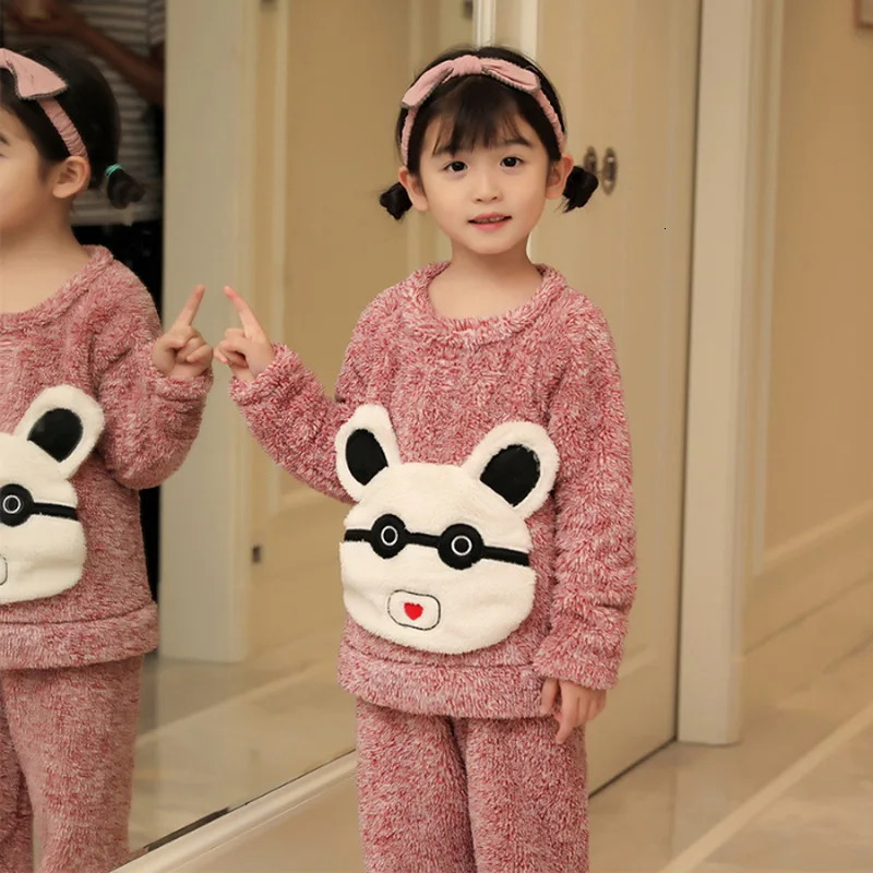 girls warm and thick autumn and winter flannel pajamas childrens coral plush cartoon pajamas 241118