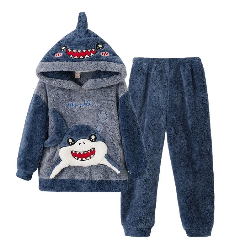 Winter Warm Youth Pajama Animal Cartoon Childrens Pajama Set Coral Velvet Plush Home Clothing Set Hooded Flannel Boys Pajama 241118