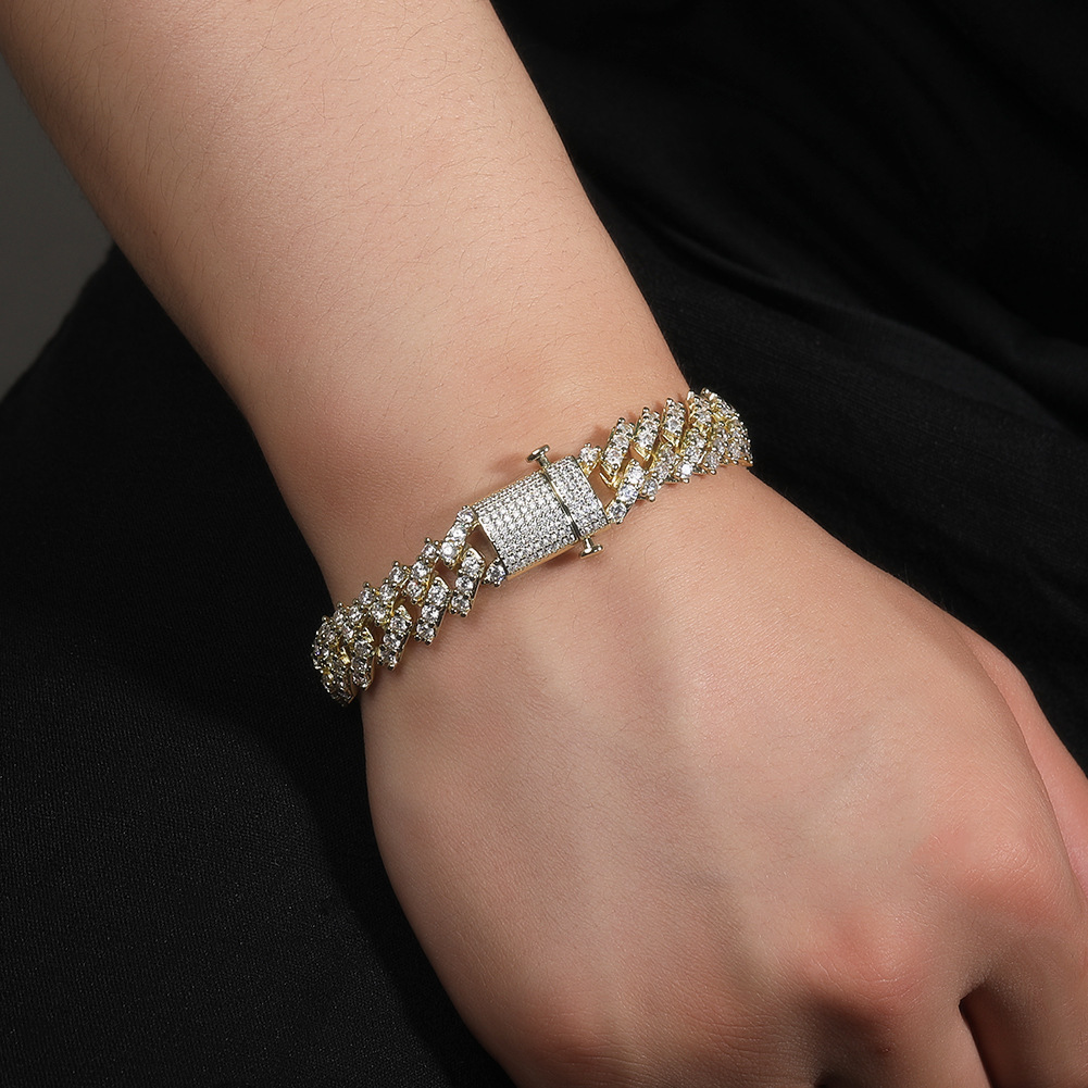 12MM Spring Buckle Diamond Cuban Link Chain Necklace Bracelet Hip Hop Iced Out Cz Cubic Zirconia Prong Personalized Trendy Diamond Mens Neck Wrist Jew
