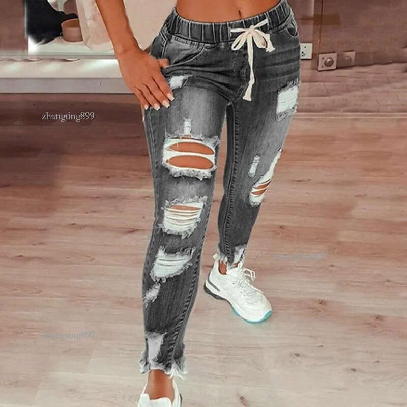 Women's Jeans 2021 Elastic Waist Drawstring Denim For Women Sexy Ripped Hole Stretch Jean Ladies Plus Size Pencil Bandage Long Pants