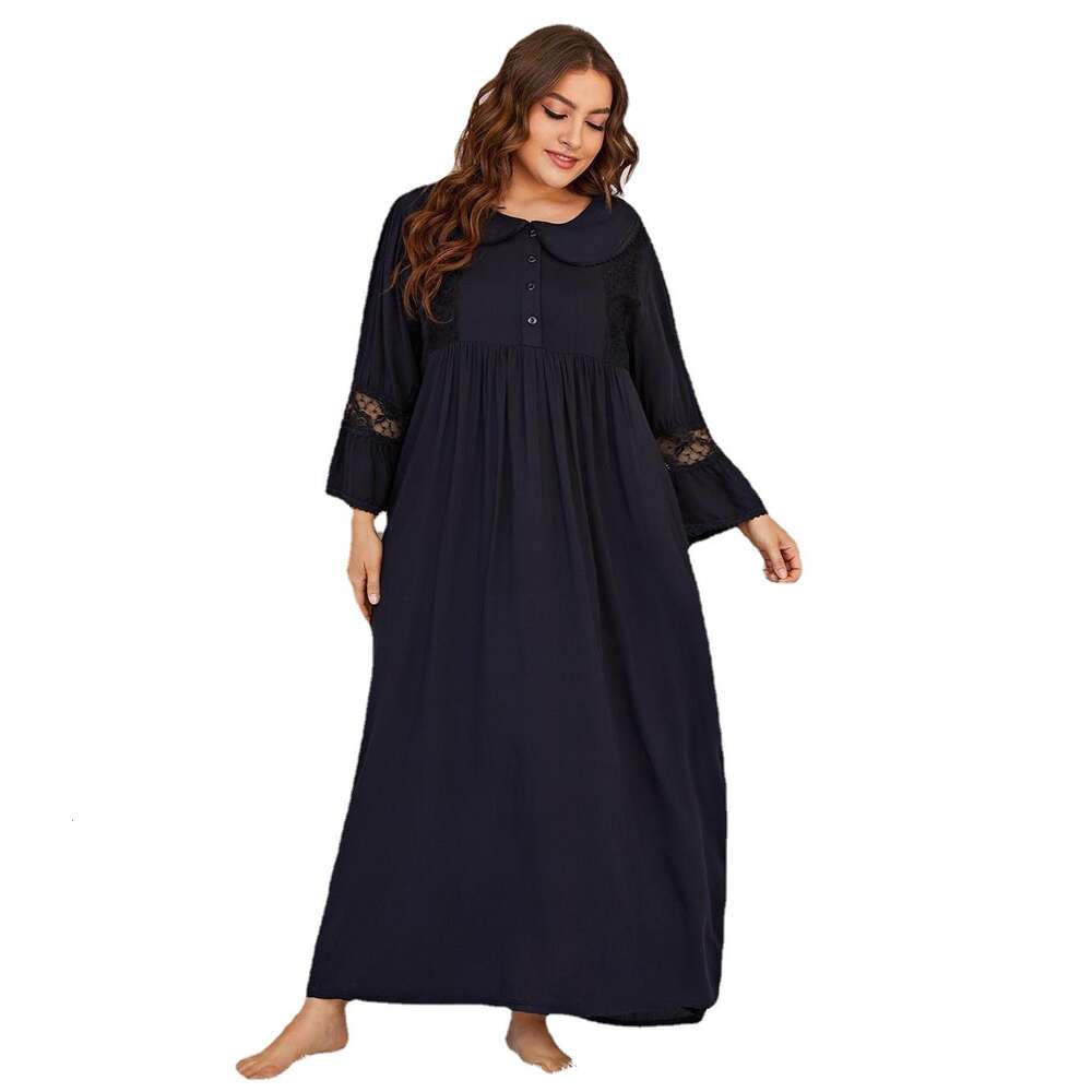 Large Size Women's Long Sleeved Lace Home Dress, Chubby Mm Pama Dress F41951