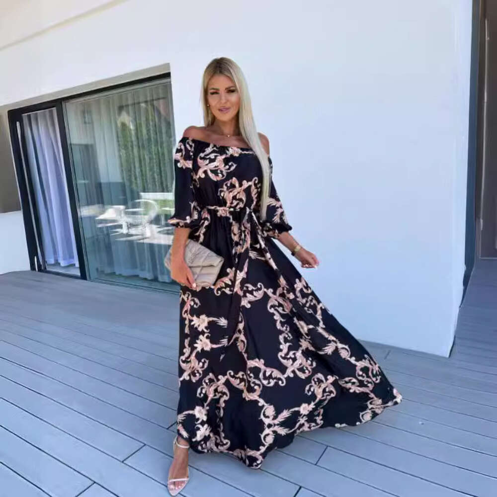 Long Skirt Summer New Seaside Vacation Style One Line Collar Printed Dress F41939