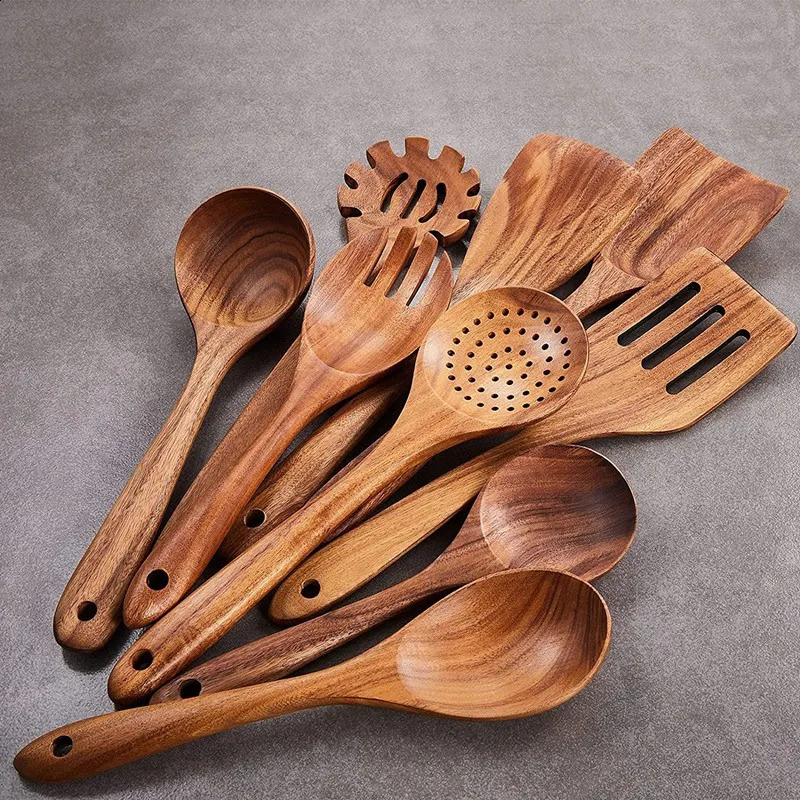 Wooden kitchen utensil set 9 wooden cooking spoons wooden cooking utensils wooden non stick pot spoons 241118