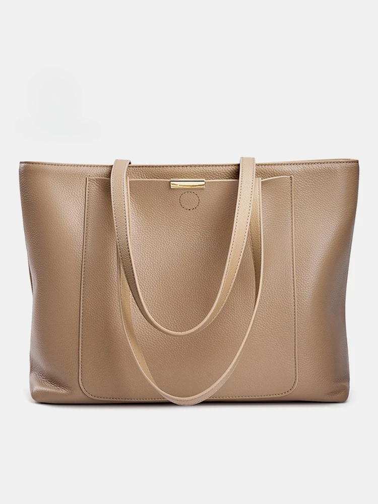 Soft Cowhide Leather Women Shoulder Tote Handbag Large Capacity Lady Shopping Bag Front Pocket For Notebook Phone Ipad Genuine Leather BagVoyage