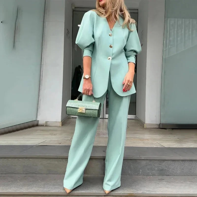 Womens Lantern Sleeves Loose Suit Coat and Pants Set Temperament Commuting Elegant Blazer Sets Spring Fashion 241118