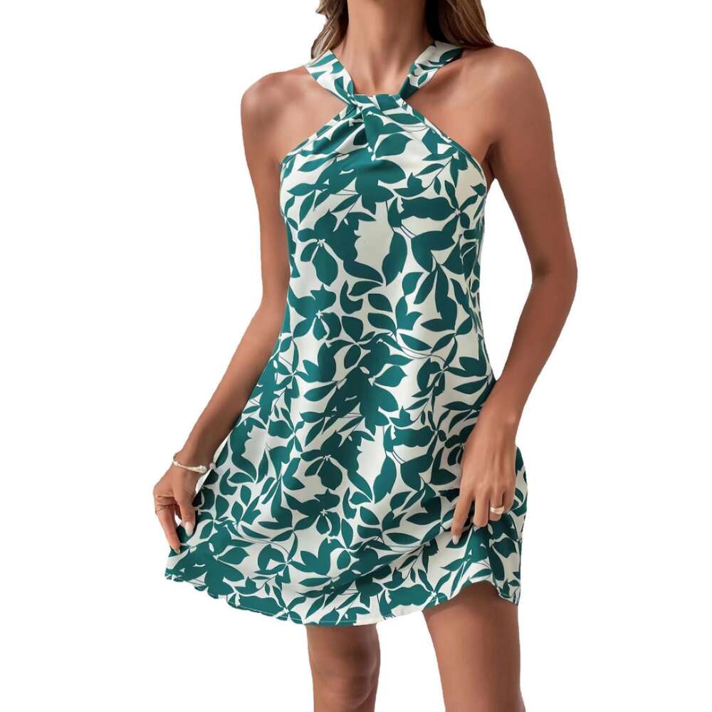 Women's 2024 Spring/summer Sleeveless Sexy Backless Short Skirt with Ruffle Edge Printed Hanging Neck Dress F41930