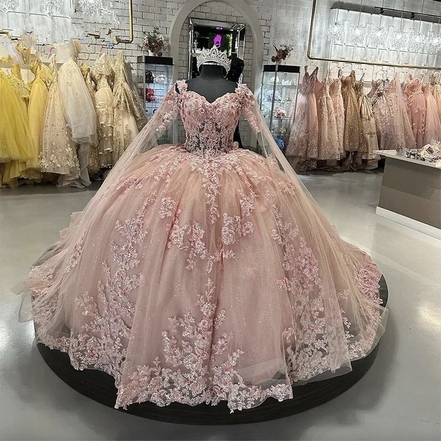 Pink princess Quinceanera Dresses with Cape 3D wer Applique Lace-up Corset Cinderella Prom birthday Sweet 16 Dress 2024