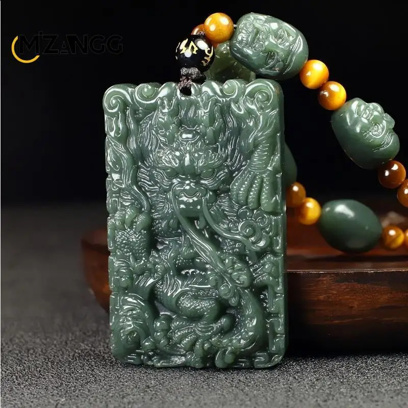 Natural Hetian Jade Twelve Zodiac Dragon Pendant Green Jade Dragon Mens Jade Necklace Hand drawn Fashion Jewelry Lucky Charm 241119