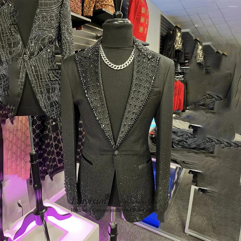 Men's Suits Luxury Beaded Crystals Men 2 Pieces Sets Groom Wedding Tuxedos Peaked Lapel Male Prom Blazers Slim Fit Costume Homme
