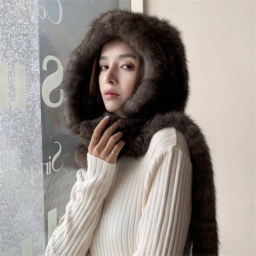 Women Winter Warm 100% Genuine Sable Fur Knitted Hooded Scarf Mink Hat Caps 241119
