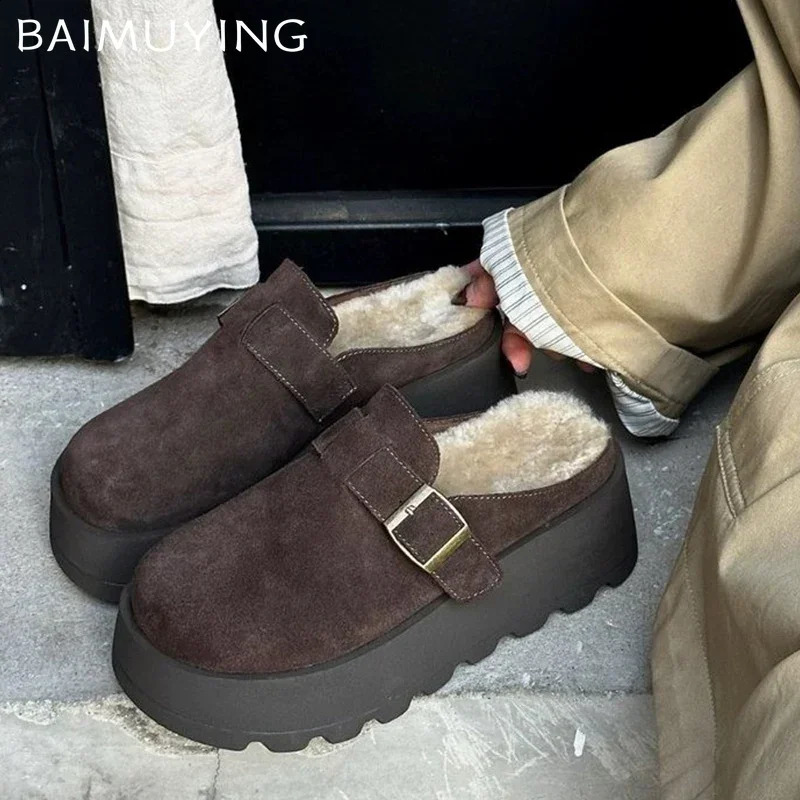 Suede Platform Women Slippers Short Plush er Flats Cotton Mules Shoes Trend Warm Snow Botas Cozy Winter Zapatos Mujer 241118