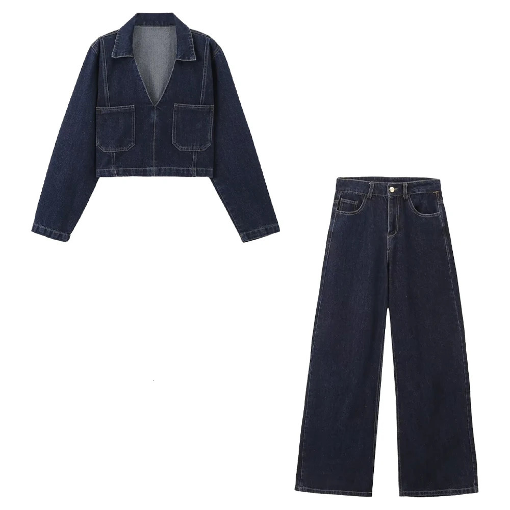 Autumn Womens Fashion Casual Collar Long Sleeve Short Denim Shirt High Waist Wide Leg Jeans Set 241118