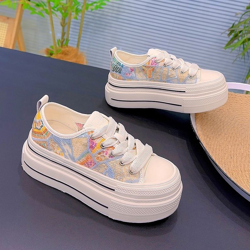 New popular breathable sequin mesh canvas, new white casual outdoor sports shoes, sponge cake thick soled designer sports shoes