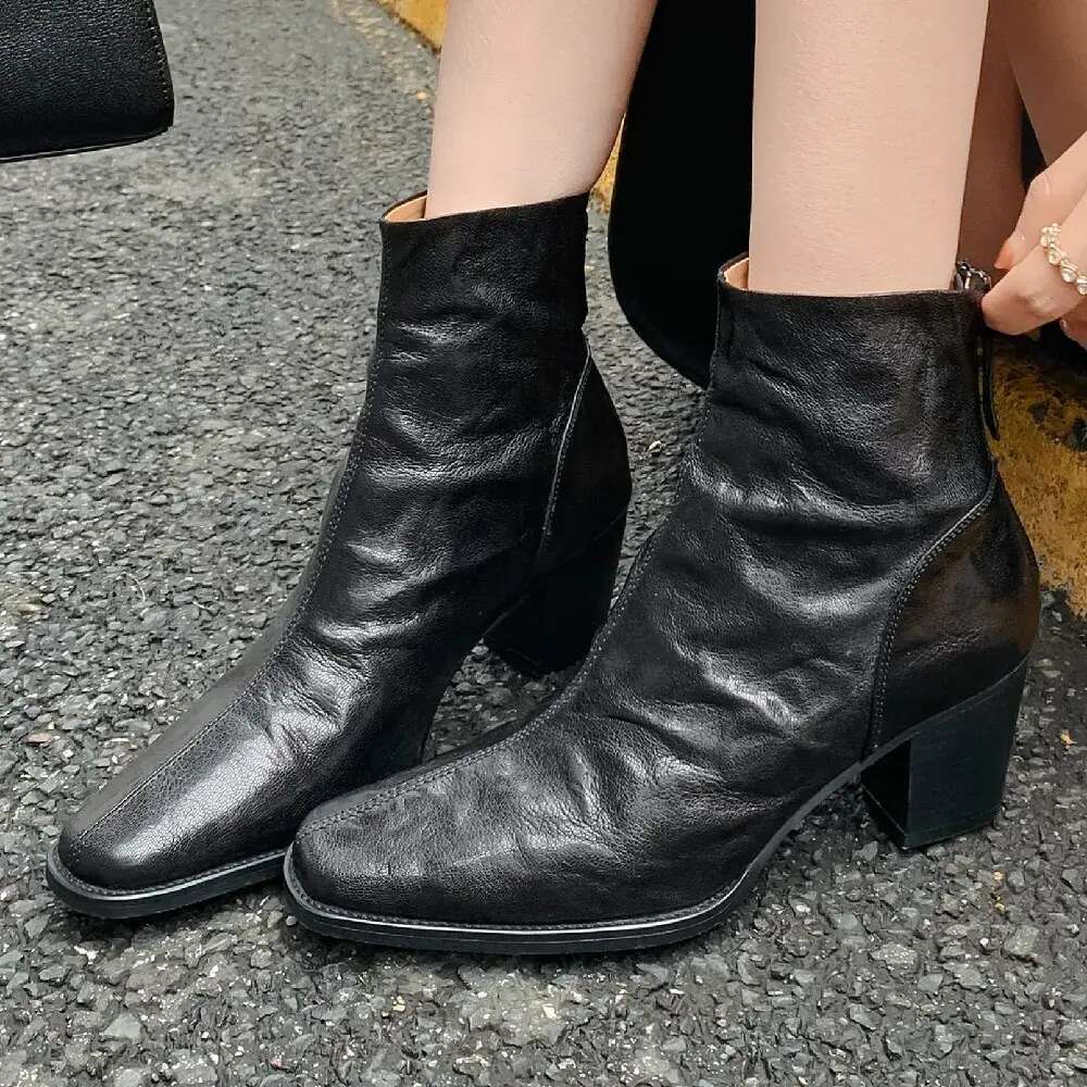 Elegant ladies 6cm thick med heel autumn ankle boots square toe pleated sheepskin soft comfortable short booties shoes for women 1f50