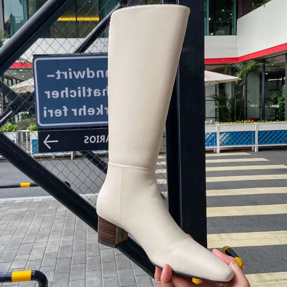 Women's genuine leather thick heel side zip autumn knee high elegant ladies soft comfortable long winter warm boots dfe2