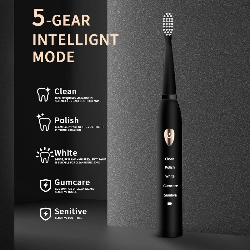 Jianpai Adult Black White Classic Acoustic Electric Toothbrush Adult 5-gear Mode USB Charging IPX7 Waterproof Acoustic Electric 241118