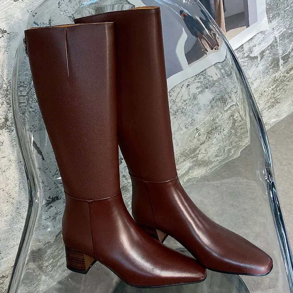 Women's genuine leather thick heel side zip autumn knee high elegant ladies soft comfortable long winter warm boots dfe2