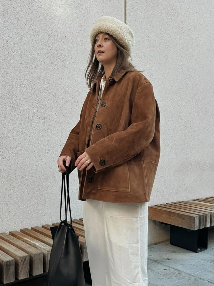 Casual Solid Womens Suede Jacket with Collar Single Chest Pocket Womens Coat 2024 Autumn/Winter Collection Womens Clothing 241118