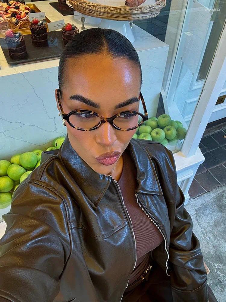 Women's Jackets Women Brown Long Sleeve Lapel Leather Jacket Fashion Zipper Pockets Loose Coats Autumn Winter Lady High Street Outerwear