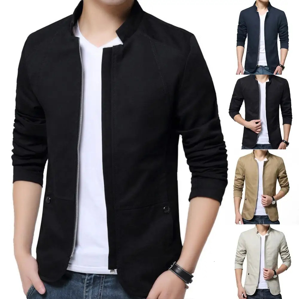 Casual Men Blazer Spring Autumn Stylish Business Casual Jacket Solid Color Stand Collar Zipper Pockets Thin Slim Blazer Coat 240409
