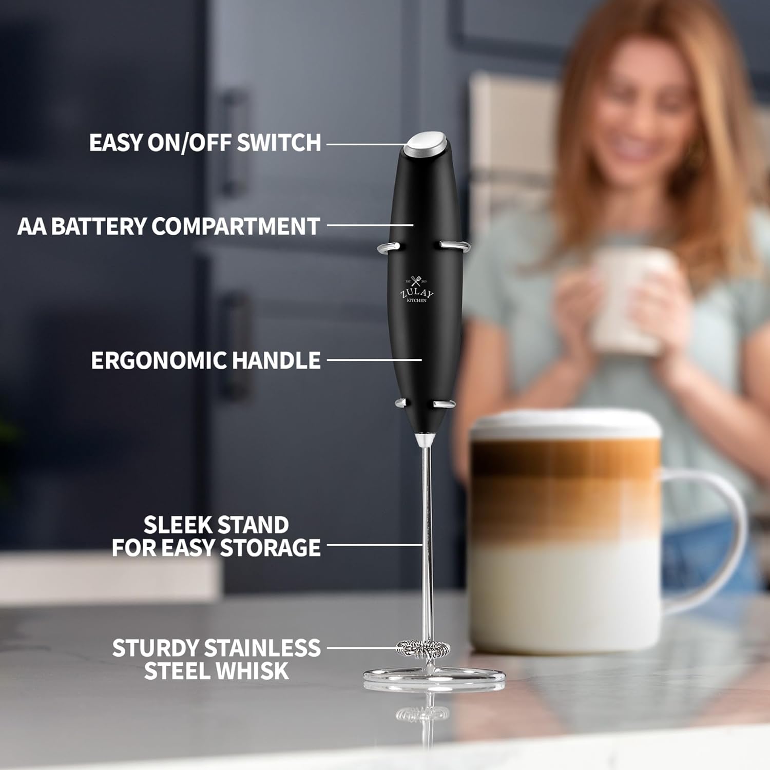 Zulay Kitchen Powerful Milk Foamer Latte Handheld foam Machine - Coffee Drink Mixer, Mini Foamer