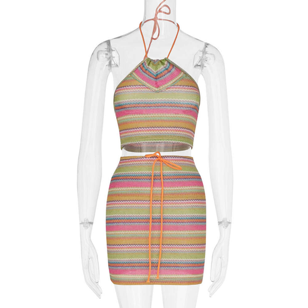 2024 Women's Fashion Print Hanging Neck Instagram Small Tank Wrapped Hip Half Skirt Set Top Sales F41930