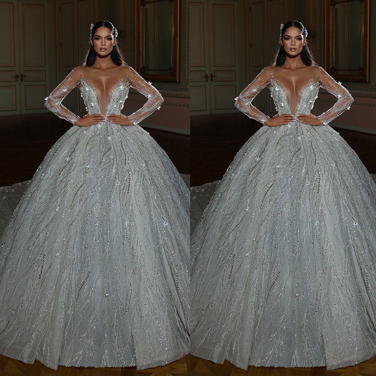 Luxury Ball Gown Wedding Dresses Beads Lace Sequins V-neck Appliques Long Sleeves Backless Court Gown Zipper Custom Made Bridal Plus Size Vestidos De 