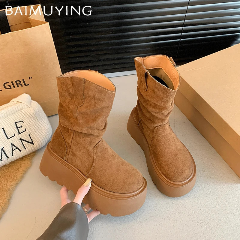 Suede Platform Women Ankle Boots er Mid Heels Shoes Winter Trend Walking Non-slip Winter Botas De Mujer 241118