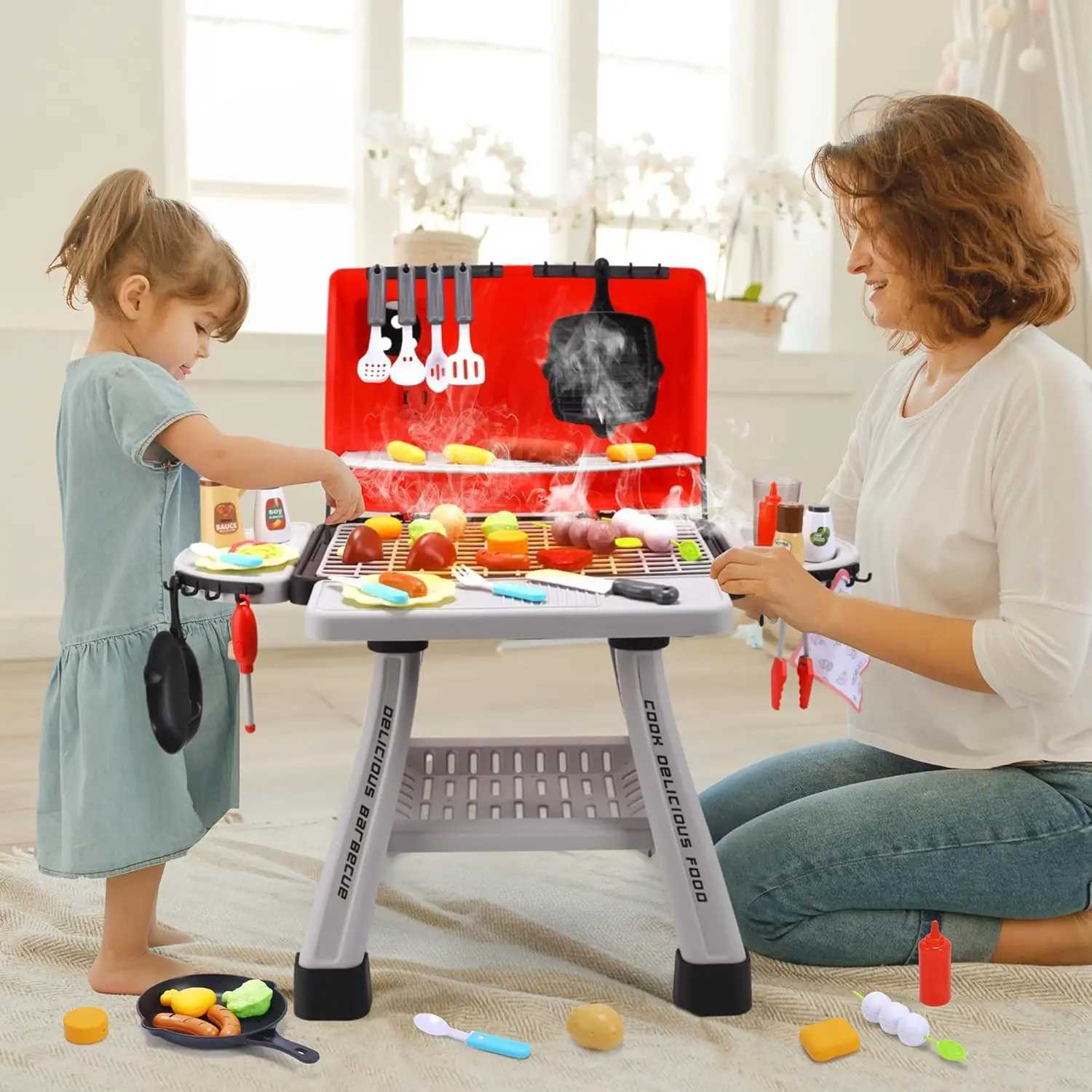 Cute Stone Childrens BBQ Grill ToyKitchen PlaysetRealistic Smoke BBQ Grill Playset with Toy Kitchen Accessories W241119