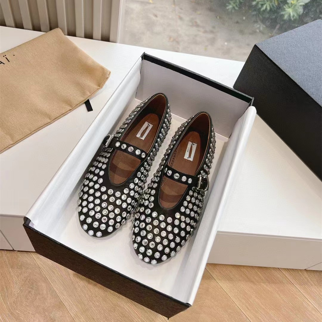 Alaishoes Designer Sandals Slippers Ballet Flats Shoes Women's Round Rhie Boat Leather Riveted Mary Jane Sandal Shoes Casual Lofer Designer Women Shoe