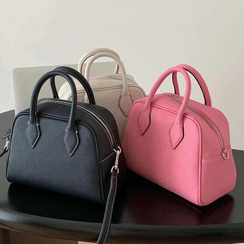 2025 New Korean Niche Cowhide Boston Pillow Bag Large Capacity Crossbody Shoulder Bags Women Genuine Leather Handbags Purses