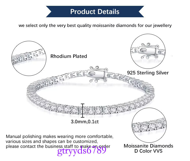 Goldleaf custom 3mm 4mm 5mm 6.5mm D color VVS mossanite tennis necklace bracelet sterg sier moissanite chain