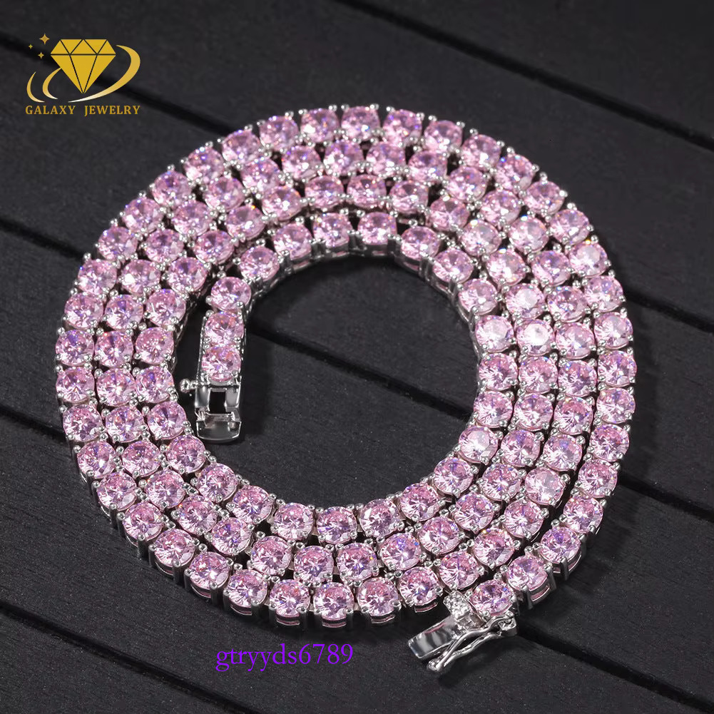2-6mm Hiphop Sier Pink Bracelet Iced Out GRA Certified Mossanite Jewelry Necklace Rainbow Moissanite Tennis Chain