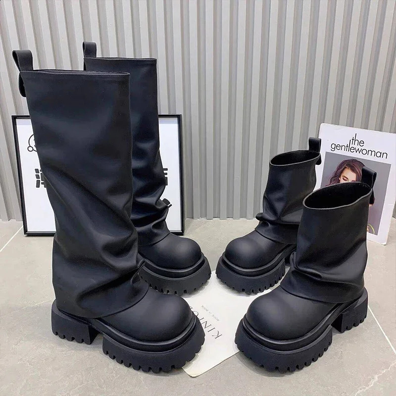 Platform Women High Boots er Mid Heels Motorcycle Boots Fashion Laether Winter Shoes Trend Gladiator Femme Chaussures 241118