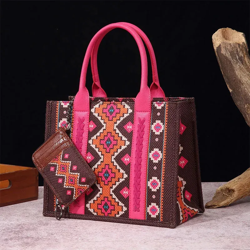 Bohemian Womens Handbag Tote Bag Aztec Vintage Embroidery Shoulder Purse Card Coin Wallet Ladies Cotton Linen Shopping Handbag