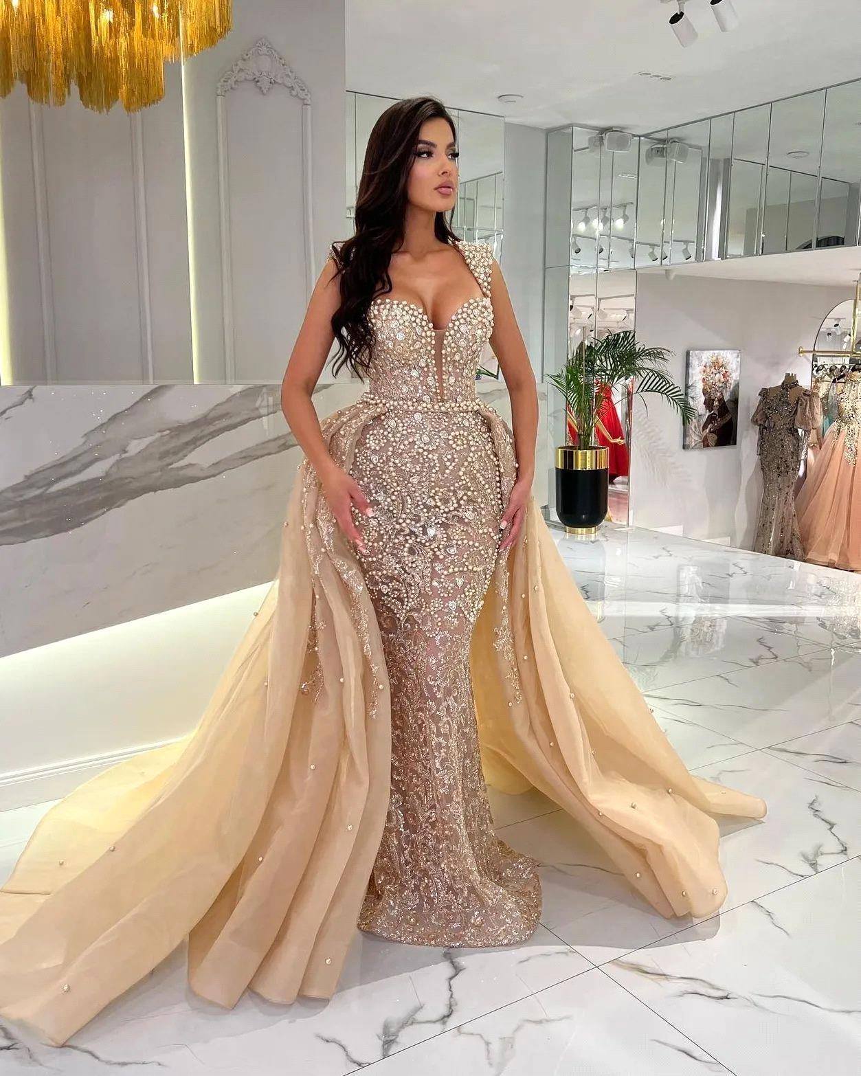 Arabic Dubai Champagne Mermaid Evening Dresses With Detachable Skirt Luxurious Beadings Crystals Pearls Cap Sleeve Long Prom Party Gowns BC18646
