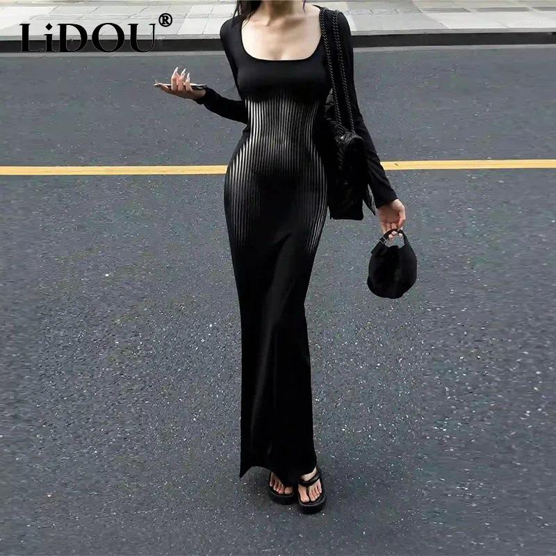 Casual Dresses Spring Autumn Square Collar Sexy Fashion Bodycon Maxi Dress Female Long Sleeve Slim Black Robe Ladies Elegant Vestidos De
