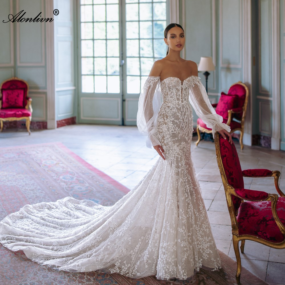 2024 Beading Embroidery Lace Off Shoulder Full Puff Sleeves Mermaid Wedding Dress With Full Flowers Prints Trumpet Bridal Gowns