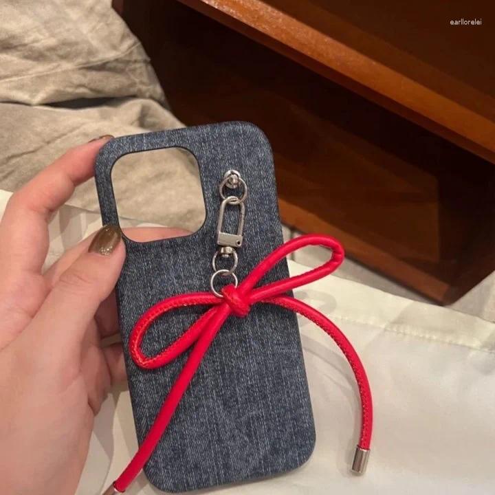 Keychains Korean Fashion Vintage Leather Bow Keychain Haruku Charms Bag Pendant Mobile Phone Accessories Y2K Jewelry
