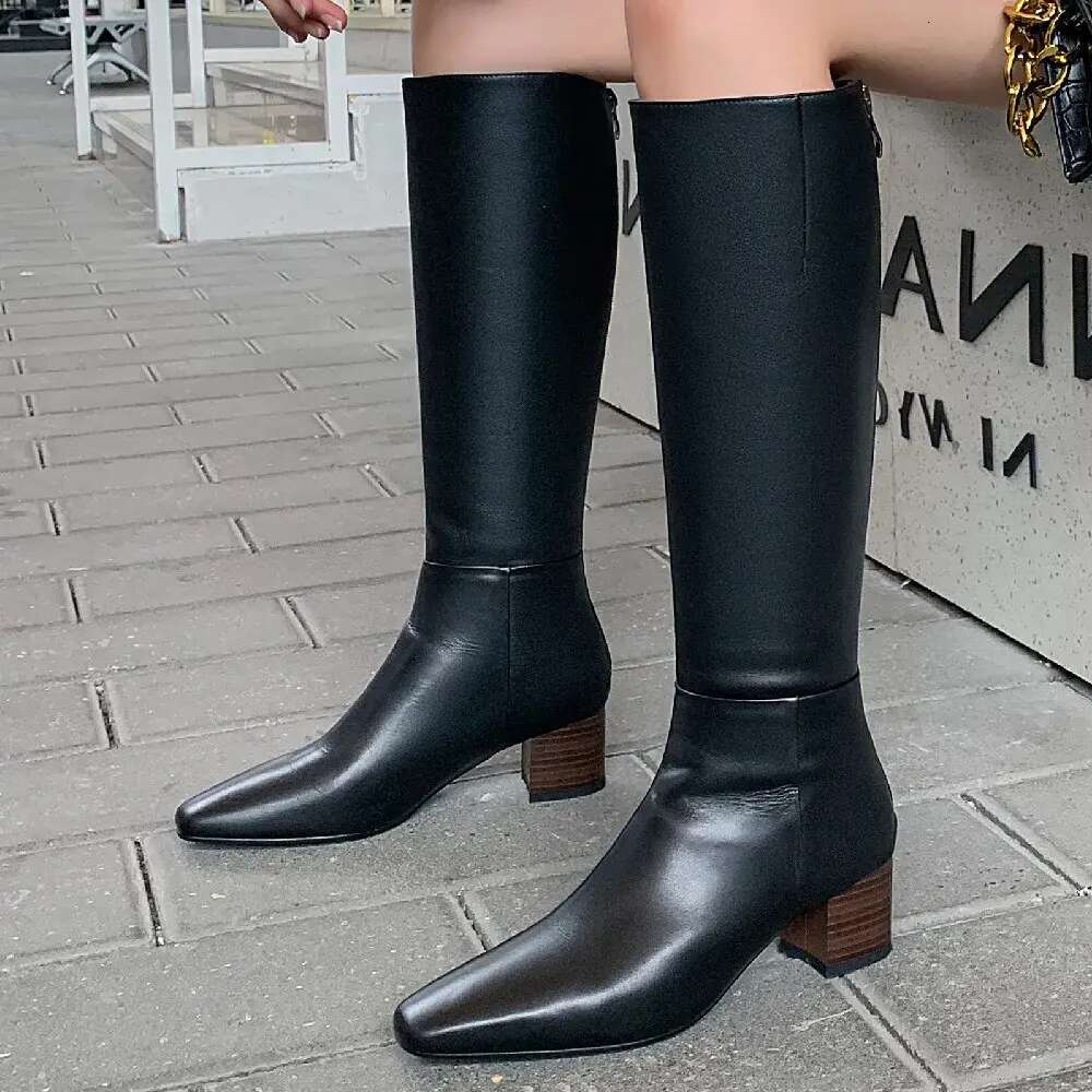 Women's genuine leather thick heel side zip autumn knee high elegant ladies soft comfortable long winter warm boots dfe2