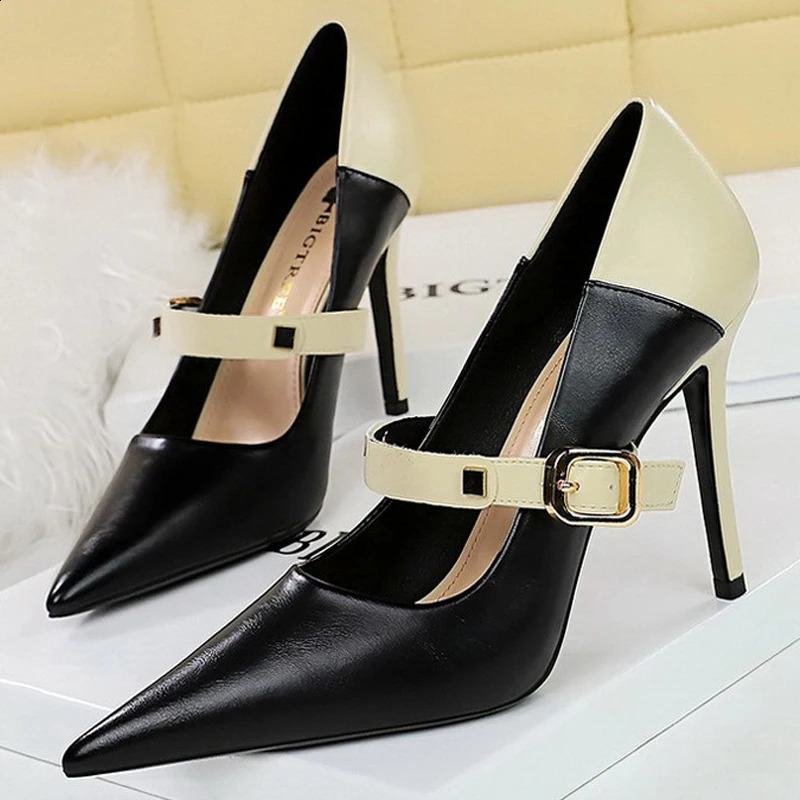 Retro Women Pumps Mixed Colors High Heels Stilettos Pu Leather Shoes Women Metal Buckle Women Heels Office Shoes Large Size 43 241118