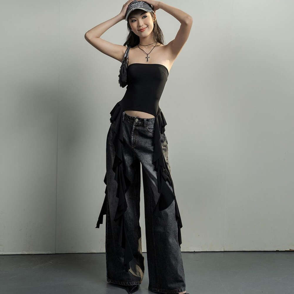 2024Style Sexy Spicy Girl Women's Summer Ruffle Edge One Shoulder Wrapped Chest Our Top F41913