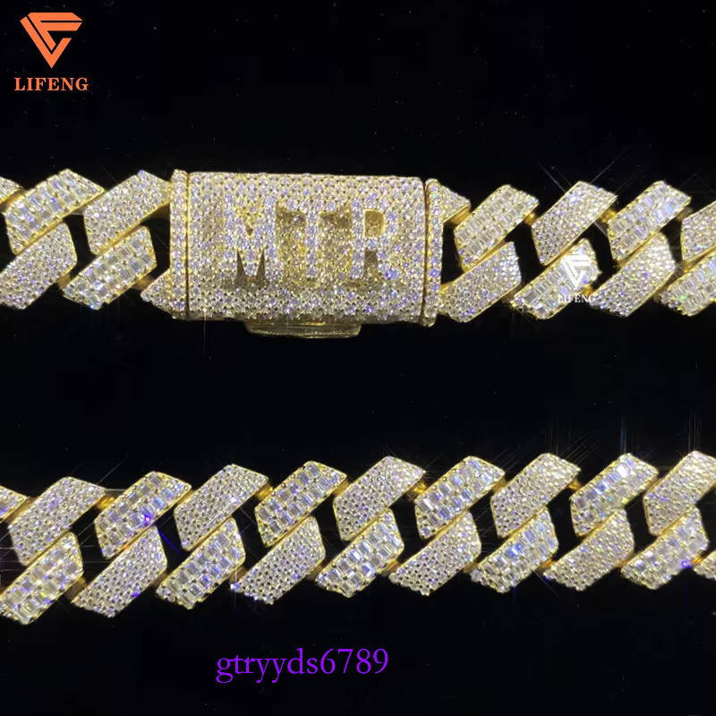 Custom Sterg Sier Iced Moissanite Cuban k Chain New Style 16mm Baguette Cut VVS Dia HipHop Necklace Yellow Gold