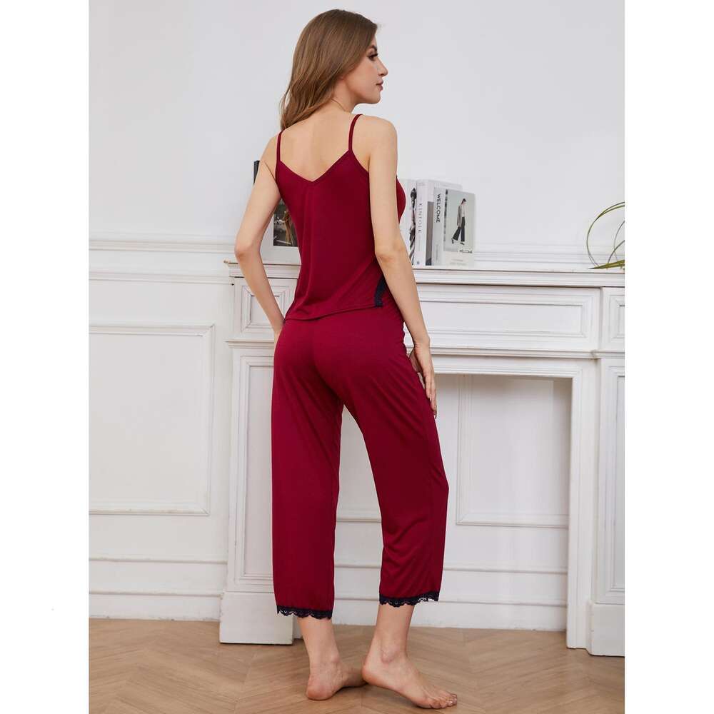 Pama Summer Lace Edge Sexy Suspender Pants Two-piece Set for Women's Home Wear F41936